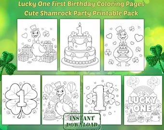 Páginas para colorear imprimibles de primer cumpleaños para el afortunado: paquete de actividades para el primer cumpleaños con trébol