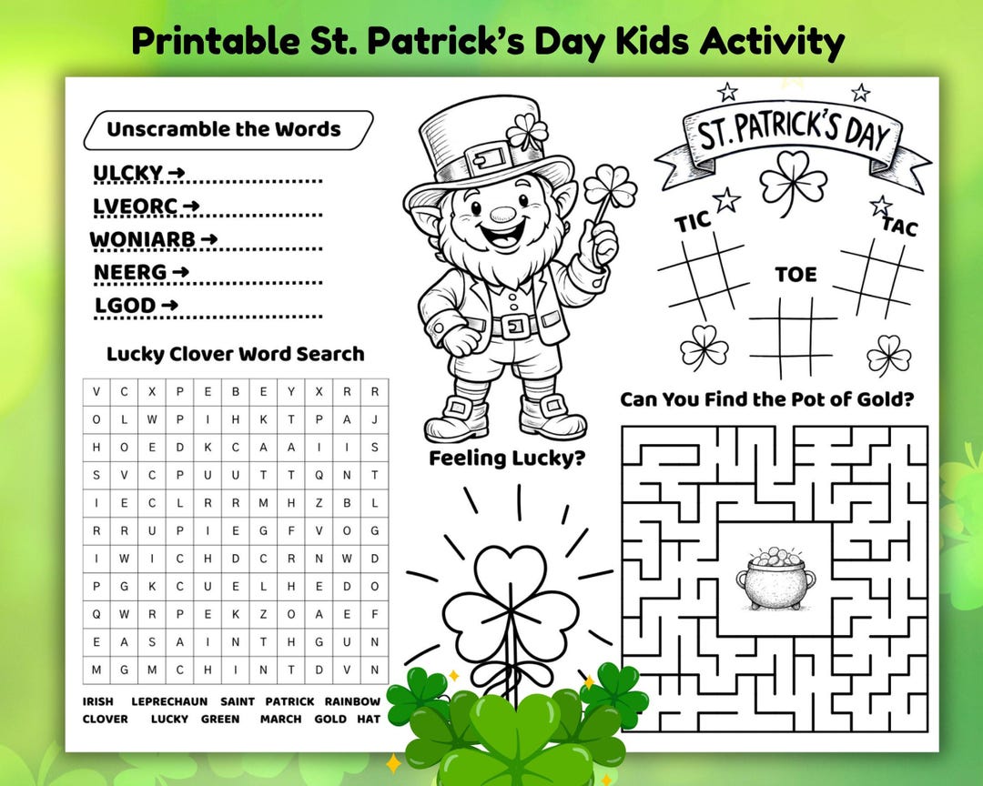 St. Patrick’s Day Activity Placemat, Kids Coloring Page, Word Search ...