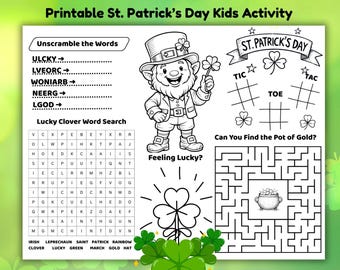 Mantel individual de actividades del Día de San Patricio, página para colorear para niños, sopa de letras, laberinto y juego de duendes.