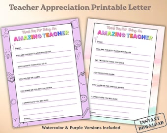 Lehrer Wertschätzung Printable Geschenk | Danke Lehrer-Brief | Aquarell & Lila Designs | Sofortiger digitaler Download