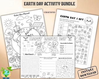 Paquete de actividades imprimibles para el Día de la Tierra / Página para colorear para niños, juego de "Veo, veo" y mantel individual / Hoja de trabajo para el aula