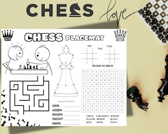 Mantel individual imprimible con actividades de ajedrez para niños: juegos educativos, rompecabezas y hoja para colorear.