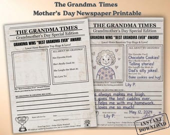 Periódico imprimible para la abuela / Actividad de entrevista para niños / Regalo de recuerdo para el Día de la Madre / Página de recuerdos familiares