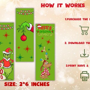 Puede incluir: Dise&ntilde;o navide&ntilde;o verde con ilustraciones de Grinch y Max, y el texto "Merry Christmas". El dise&ntilde;o incluye el texto "How it works" e instrucciones. El tama&ntilde;o es de 5,08 cm x 15,24 cm.