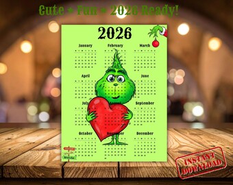 Calendario anual 2026 con temática del Grinch / Arte del personaje Baby Green / Planificador anual imprimible