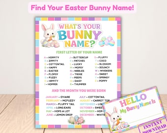¿Cuál es el nombre de tu conejito? / Juego imprimible para fiesta de Pascua / Actividad de primavera para niños en el aula