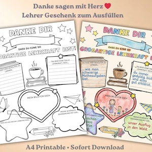 以下が含まれることがあります： ドイツ語で「Danke Dir」と「Großartige Lehrkraft Bist！」と書かれた、教師への感謝の気持ちを表す2枚の印刷可能なカード。各カードには、記入欄、ハート、星、コーヒーカップのイラストが描かれています。カードの下部には「A4 Printable • Sofort Download」と書かれています。