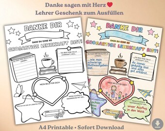 Danke Lehrer Geschenk、Abschied Grundschule Arbeitsblatt、Dankeschön Lehrkraft Vorlage zum Ausmalen、sofort herunterladen