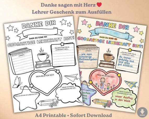 Danke Lehrer Geschenk, Abschied Grundschule Arbeitsblatt, Dankeschön Lehrkraft Vorlage zum Ausmalen ,sofort herunterladen