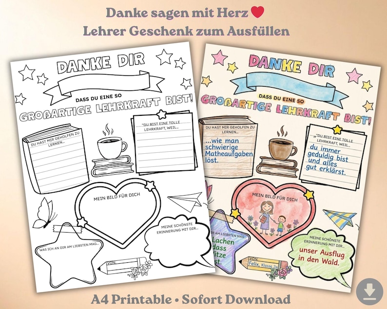 "Vergleich der Dankeschön-Vorlage für Lehrkräfte vor ve nach dem Ausmalen: Ein kreatives Geschenkset für Grundschulkinder zum Ausdrucken."