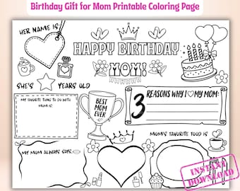 Página para colorear de Feliz Cumpleaños Mamá / Hoja para completar Todo sobre Mamá / Regalo para Mamá