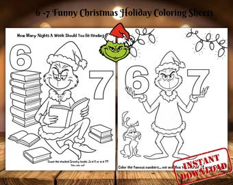 Hojas para colorear navideñas del Grinch (6-7), Hoja para colorear del Seis Siete, Hoja de trabajo de Cuántas Noches (67)