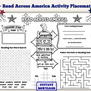 May include: Black and white activity placemat with the text "Read Across America Activity Placemat". Features include a word search, maze, and areas to write about reading. Includes the text "Instant Download".