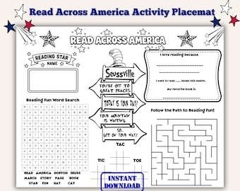 Mantel individual imprimible con actividades de lectura en Estados Unidos: hoja de trabajo de la semana de lectura para jardín de infantes y primer grado