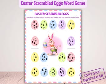 Sopa de letras de Pascua, rompecabezas de huevos revueltos, actividad para la mesa, imprimible para fiesta familiar (descarga instantánea)