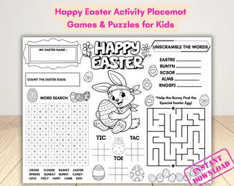 Mantel individual imprimible con actividades de Pascua, juegos y rompecabezas para niños en el aula de la escuela dominical.