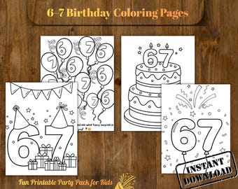Paquete para colorear de cumpleaños de 6 a 7 años / Páginas imprimibles divertidas para fiestas infantiles / Colorear de 6 a 7 años