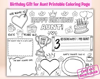 Página para colorear de Feliz Cumpleaños Tía / Plantilla imprimible para completar Todo sobre mi tía / Tarjeta para tía