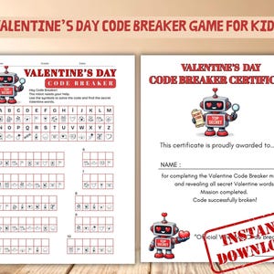 以下が含まれることがあります： 子供向けのバレンタインデーコードブレーカーゲーム。ゲームには、コードを解読するためのワークシートと証明書が含まれています。ワークシートにはロボットのグラフィックと解読するコードが描かれています。ミッションを完了すると証明書が授与されます。「インスタントダウンロード」の文字も表示されています。