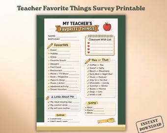 Lehrer Lieblings Dinge Übersicht Printable | Geschenk für Lehrer | Merkzettel & Präferenzen-Blatt für das Klassenzimmer
