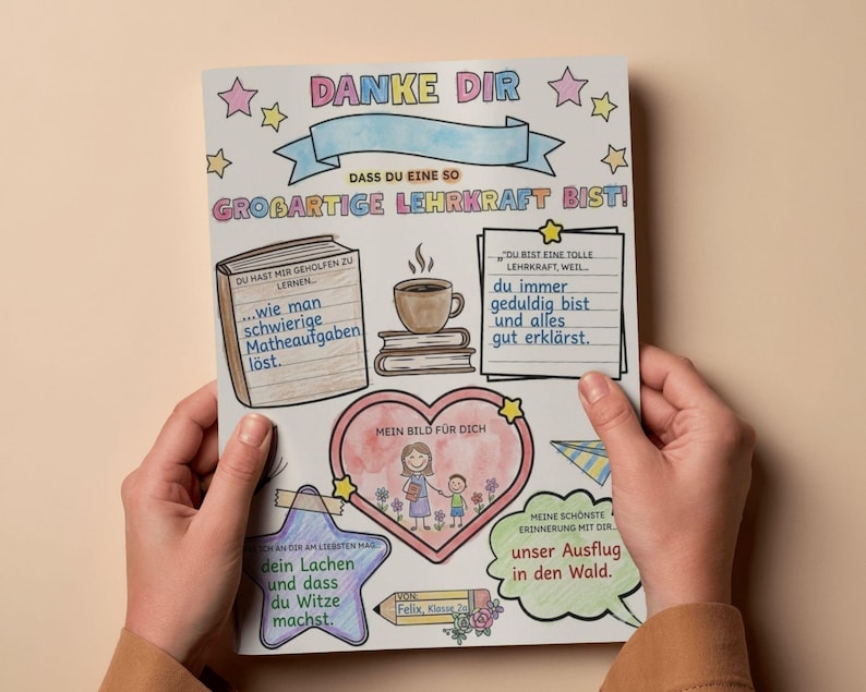 Eine Lehrerin hält freudig das personalisierte und ausgemalte "Danke Dir" Geschenkblatt in den Händen, das sie von einem Schüler erhalten hat.