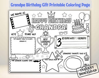 Página para colorear de Feliz Cumpleaños Abuelo / Todo sobre mi abuelo para imprimir / Regalo de papá de parte de los niños