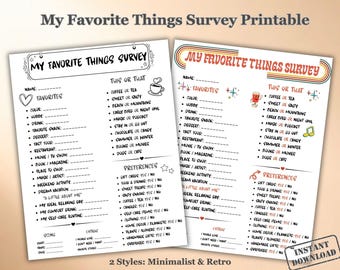 Lieblings Dinge Übersicht Printable | Retro & Minimalistisch | "Alles über mich Form für Lehrer, Personal, Familie."