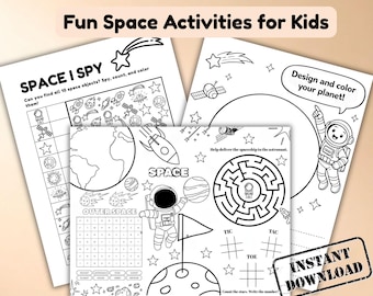 Paquete de actividades espaciales para niños: juegos imprimibles, "Veo veo", para colorear y diseño de planetas para usar en el aula.