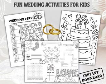Paquete de actividades para niños con temática de boda: imprimible, página para colorear, juego de "Veo, veo", actividad de mesa, mantel individual.