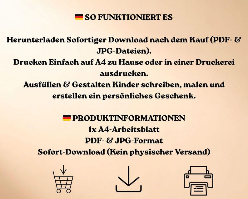 Infografik "So funktioniert es" für einen digitalen Download: 1. Herunterladen, 2. Ausdrucken, 3. Ausfüllen und Gestalten als persönliches Geschenk für Lehrer.