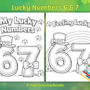 May include: Two-page coloring bundle featuring the numbers 6 and 7, each adorned with a leprechaun hat and shamrocks. One page reads "My Lucky Numbers," the other "Feeling Lucky?" Includes a set of colored pencils.