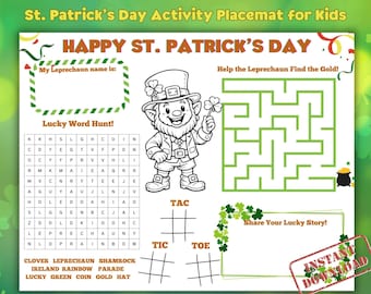 Mantel individual de actividades para niños del Día de San Patricio, actividad con nombre personalizado, laberinto y sopa de letras, imprimible