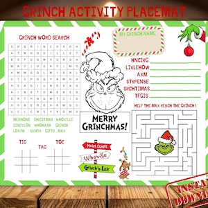 May include: Grinch-themed activity placemat with a green and white border. Features a word search, name game, tic-tac-toe, and a maze. Includes the Grinch, Max, and text that reads "Merry Grinchmas!" and "Instant Download."