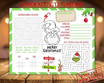 Puede incluir: Mantel individual de actividades con temática del Grinch con borde verde y blanco. Presenta una búsqueda de palabras, un juego de nombres, tres en raya y un laberinto. Incluye el Grinch, Max y el texto "Merry Grinchmas!" y "Instant Download."