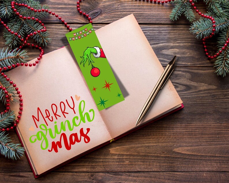 Grinch hand holding ornament Christmas bookmark, printable Merry Christmas design