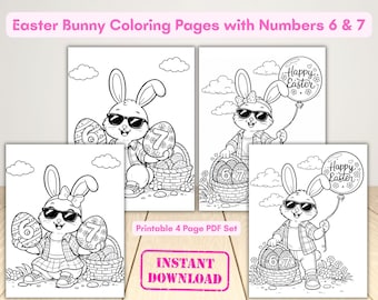 67 páginas para colorear de conejos de Pascua / Números 6 y 7 para preescolar (PDF imprimible, 4 páginas)