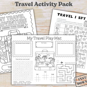 Może przedstawiać: Czarno-biały zestaw aktywności podróżniczych z napisem "Travel Activity Pack". Zestaw zawiera projekt "My Travel Adventure", grę "Travel I Spy" oraz "My Travel Play Mat" z różnymi aktywnościami. Widoczne są również słowa "Instant Download".