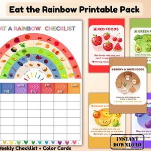 May include: A printable pack with a rainbow-themed checklist and colour cards. The checklist features a rainbow with fruits and vegetables, a weekly schedule, and colour-coded food cards. The cards include illustrations of red, green, brown, orange, and purple foods.