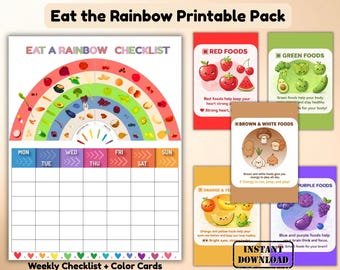 Lista de verificación de "Come un arcoíris" para niños imprimible / Seguimiento de alimentación saludable y tarjetas de actividades nutricionales