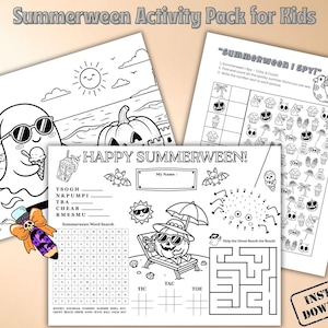 May include: Black and white printable activity pack for children, labelled "Summerween Activity Pack for Kids". Contains colouring pages, word search, I Spy game, and a maze. Features ghosts, pumpkins, and summer-themed illustrations.