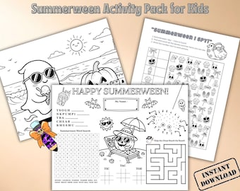 Summerween Activity Pack for Kids, I Spy Game, Coloring Page, Activity Placemat, Summer Halloween Printable