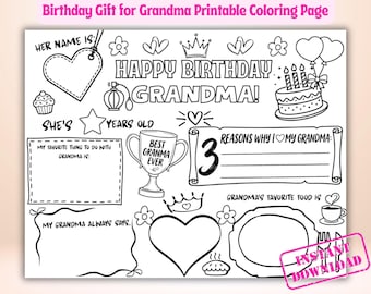 Página para colorear de Feliz Cumpleaños Abuela / Todo sobre la Abuela (Imprimible) / Regalo de Actividad Infantil (Descarga Digital)