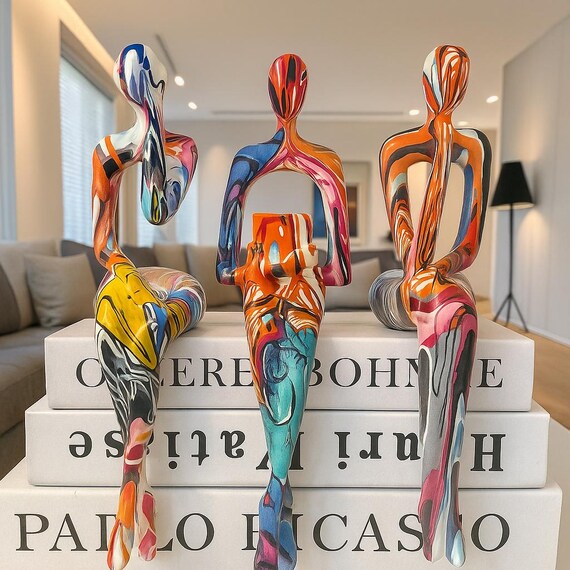 Abstract Pop Art Sculptures - Thinking, Reading & Hearing Figurines for Modern Desk and Bookshelf Decor
