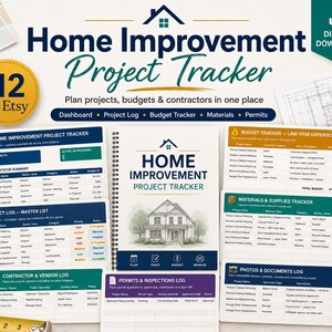 May include: A digital download titled "Home Improvement Project Tracker" with a house graphic. The image displays various project management tools, including a dashboard, project log, budget tracker, and materials list. The text includes "Plan projects, budgets & contractors in one place."