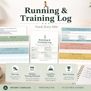 Running Training Log | Marathon Planner, Race Tracker, Pace Mileage (Digital Download)