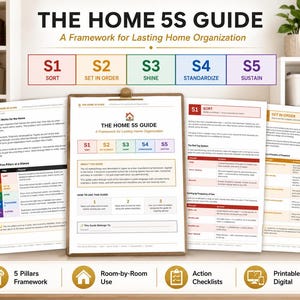 Peut inclure: Un guide numérique intitulé "THE HOME 5S GUIDE" avec un cadre pour l'organisation de la maison. Le guide comprend des sections sur Trier, Mettre en ordre, Briller, Standardiser et Maintenir. L'image présente également des icônes pour 5 piliers, Utilisation pièce par pièce, Listes de contrôle d'action et Imprimable et numérique.