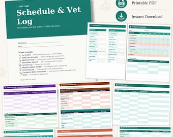 Dierenverzorgingsschema en dierenartslogboek | Afdrukbare huisdierplanner (digitale download)