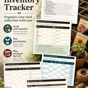 May include: A printable seed inventory tracker with a green and white design. The tracker includes sections for tracking seed varieties, germination tests, and sowing and harvest planning. The image also shows seed packets, seedlings, and gardening tools.