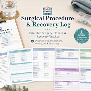 Może przedstawiać: Planer do druku Surgical Procedure & Recovery Log zawierający wiele stron do śledzenia szczegółów operacji, pielęgnacji ran, fizjoterapii i wizyt lekarskich, z tabelami do zapisywania leków, wizyt kontrolnych i informacji o ubezpieczeniu.