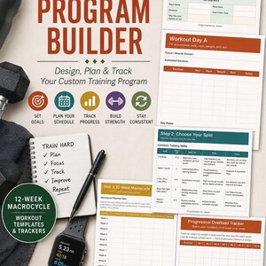 K&ouml;nnte beinhalten: Ein druckbarer und bearbeitbarer PDF-Trainingsprogramm-Builder mit einem Lauf- und Trainingsprotokoll, Trainingsvorlagen, einem 12-Wochen-Makrozyklus-Planer und einem Tracker f&uuml;r progressive &Uuml;berlastung sowie verschiedenen Symbolen.